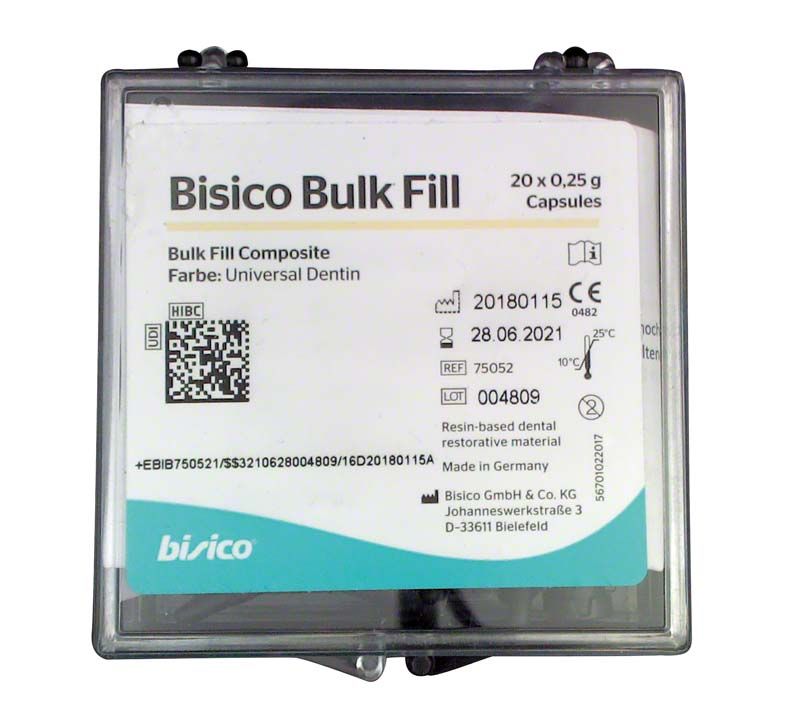 Bisico Bulk Fill Kompositkapseln in transparenter Verpackung.