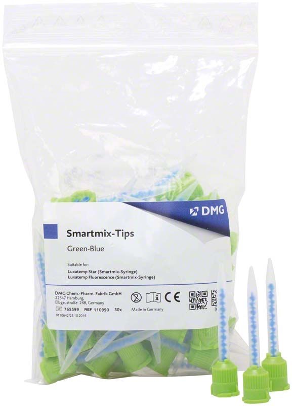 Smartmix-Tips grün-blau in Kunststoffbeutel mit Etikett und drei Spitzen im Vordergrund.