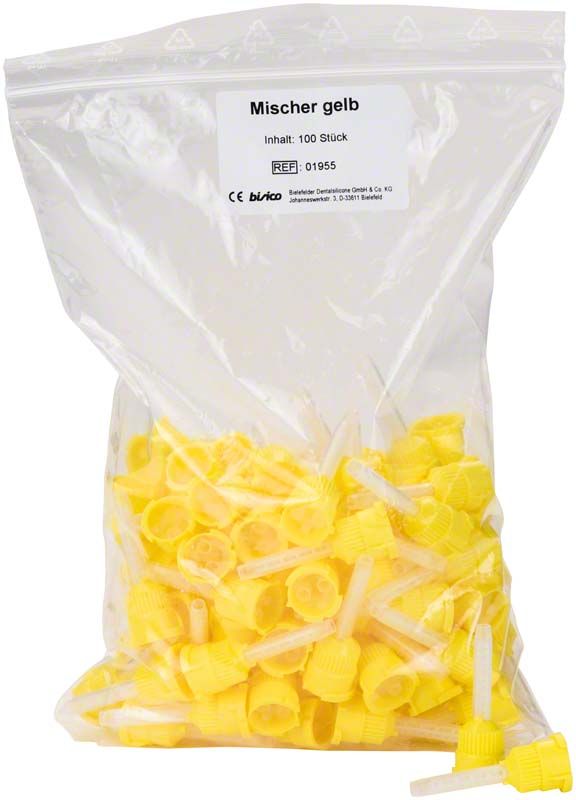 Plastiktüte mit 100 gelben Mischkanülen.