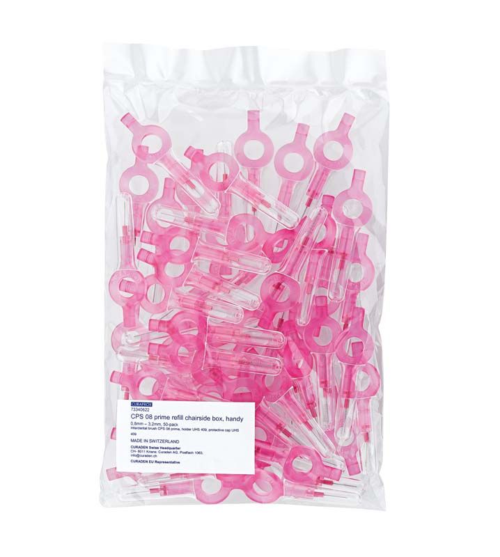 Pinke CURAPROX CPS prime Interdentalbürsten in Kunststoffverpackung, Detailansicht.