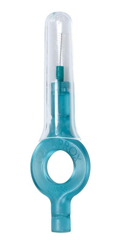 Türkisfarbene CURAPROX CPS prime Interdentalbürste mit Schutzkappe und ergonomischem Griff.