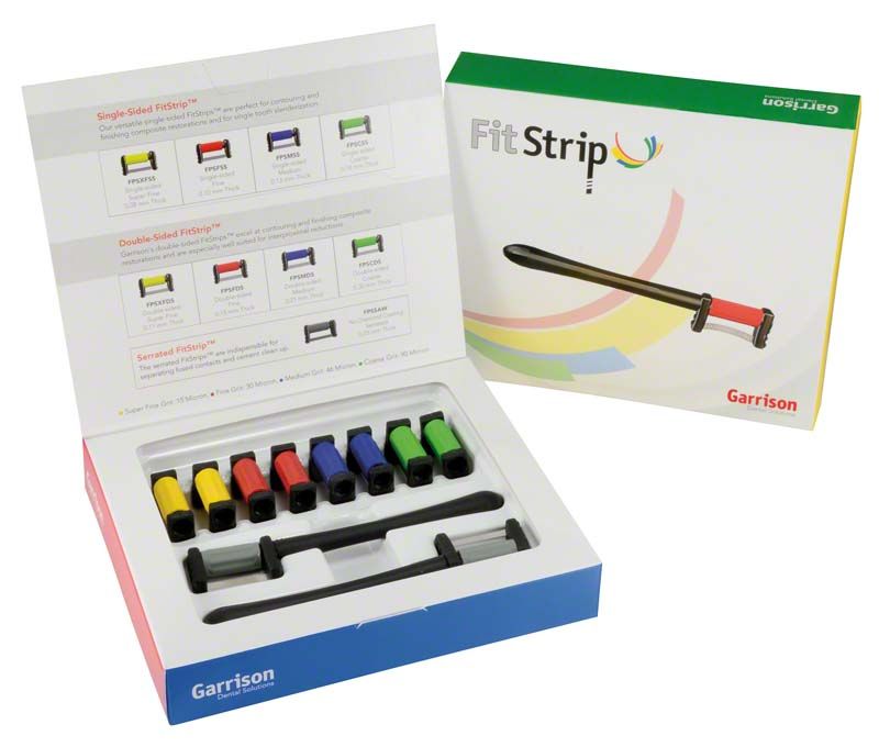 FitStrip™ Starter Kit mit bunten diamantbeschichteten Schleifstreifen für Dentalprofis.
