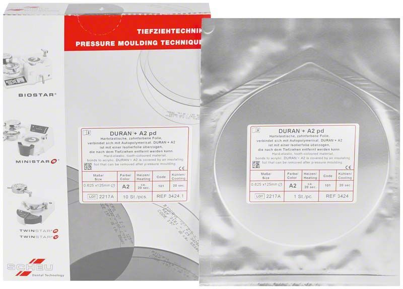 Verpackung und Folie des DURAN®+ A2 pd 0,625mm Zahntechnikprodukts.