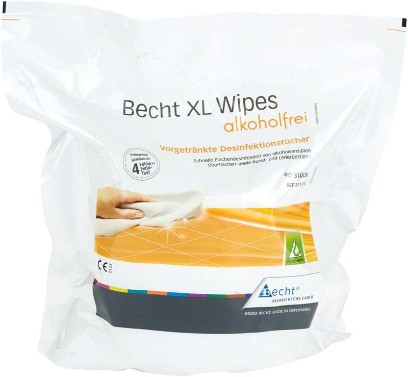 Becht XL Wipes alkoholfrei Desinfektionstücher in weißer Verpackung.