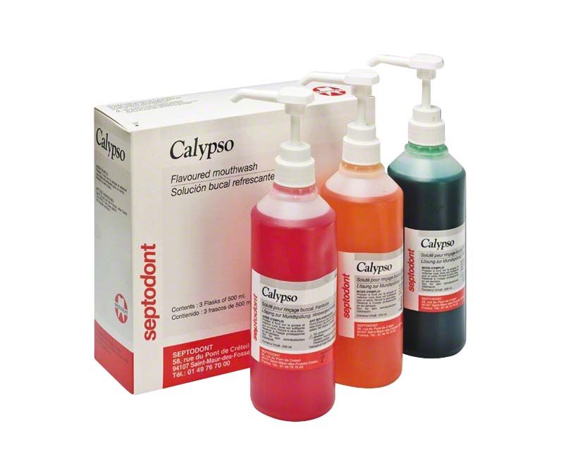 Calypso Mundspüllösung Flaschen in verschiedenen Farben vor Verpackung.