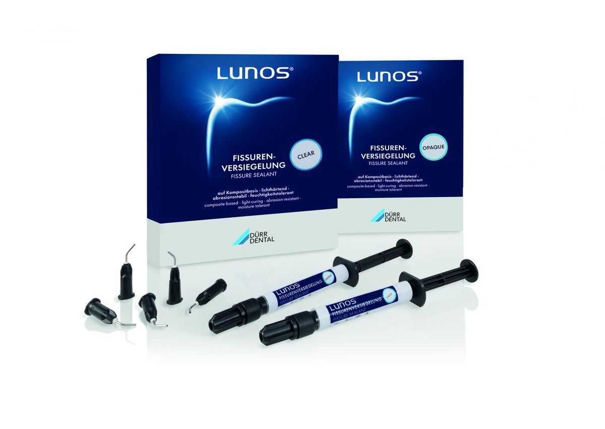 Lunos® Applikationskanülen und Fissurenversiegelungspackungen in blauem Design.