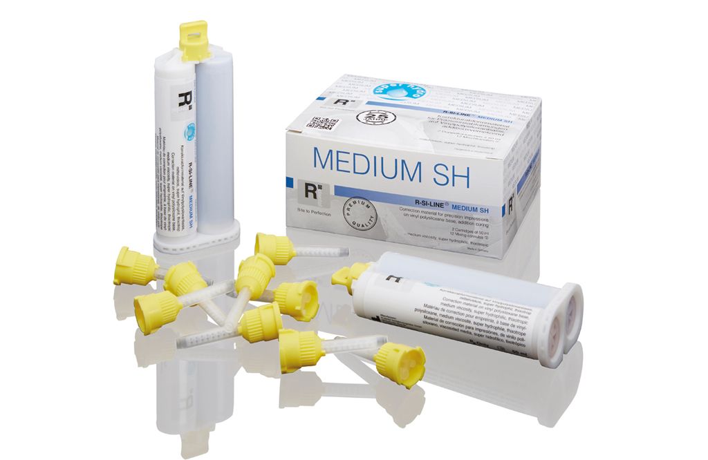 R-SI-LINE MEDIUM SH Abformmaterial mit gelben Applikationsspitzen und Verpackung.