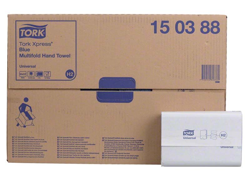 Tork Xpress® Multifold Handtücher in blauer Kartonverpackung.