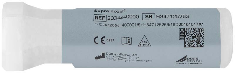 Pulverstrahler Lunos® Düse Supra mit Serien- und Referenznummern auf grauem Hintergrund.