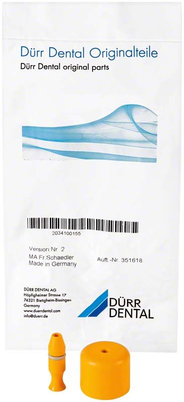 Lunos® Spüladapter Set mit gelbem Adapter und Verpackung von Dürr Dental.