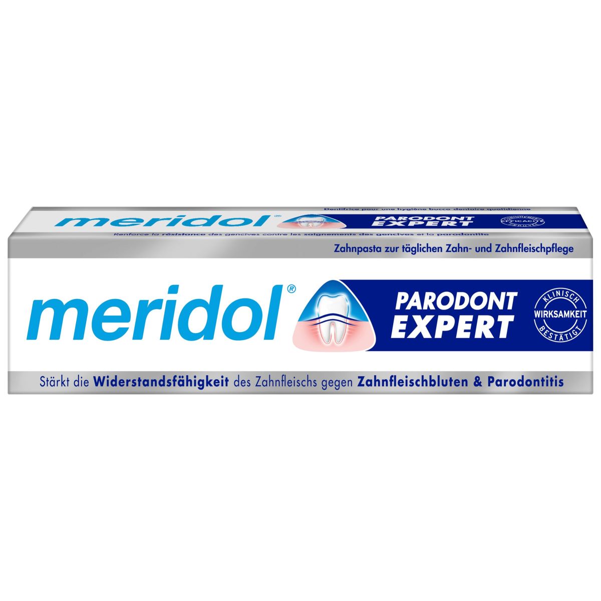 meridol® PARO EXPERT Zahnpasta-Schachtel mit Fokus auf Zahnfleischschutz und Parodontitis.