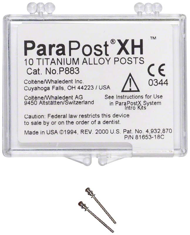 ParaPost® XH™ Titanstifte Gr. 3 in Verpackung mit zwei Titanstiften.