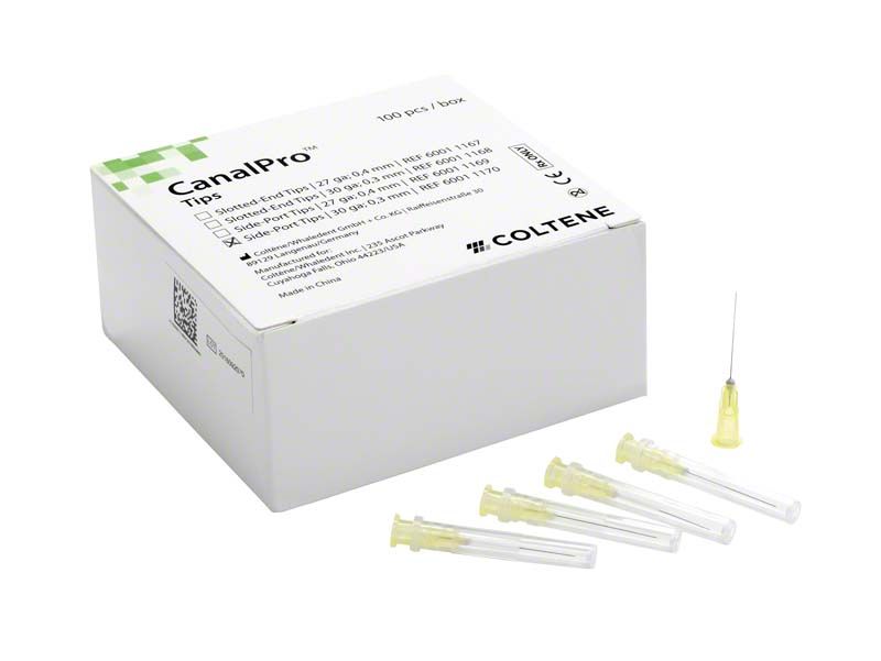 CanalPro™ Side-Port Tips 30ga in Verpackung mit Kanülenansicht.
