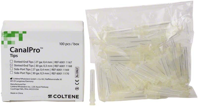 CanalPro™ Slotted-End Tips 30ga in Originalverpackung mit Beutelinhalt.