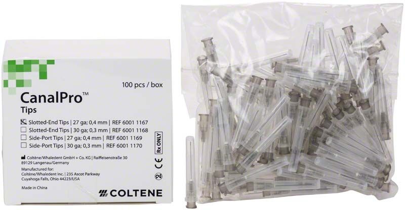 CanalPro™ Slotted-End Tips 27ga in transparenter Verpackung mit Box.