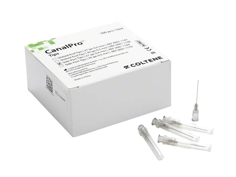 CanalPro™ Side-Port Tips 27ga mit Verpackung und Einwegkanülen.