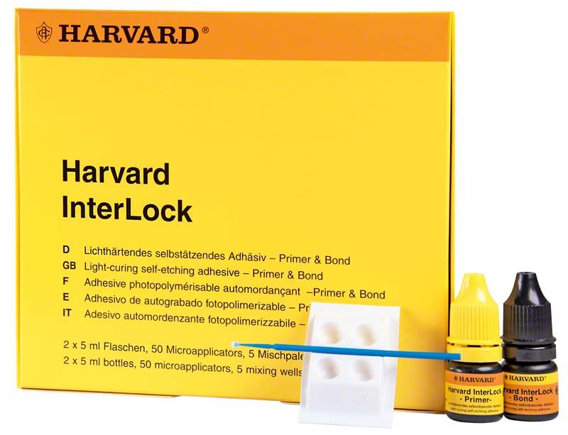 Harvard InterLock® Lichthärtendes selbstätzendes Adhäsiv-Set mit Gelb- und Schwarzflaschen.