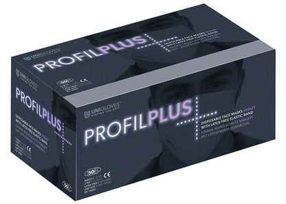 PROFIL PLUS OP-Mundschutz violett in Verpackung mit Maskenabbildung.