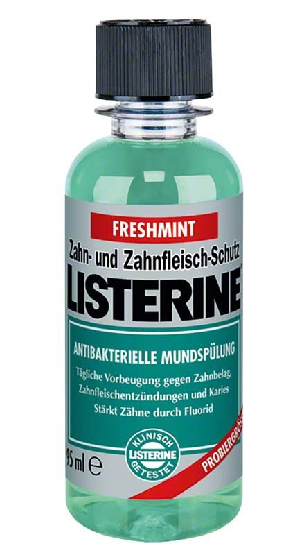 LISTERINE® Zahn- und Zahnfleischschutz Mundspülung 95ml Flasche mit grünem Etikett.