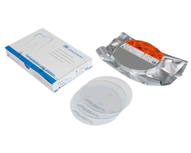 Erkodur Tiefziehfolie Ø120mm x 2,5mm, dental geeignet, mit Verpackung.