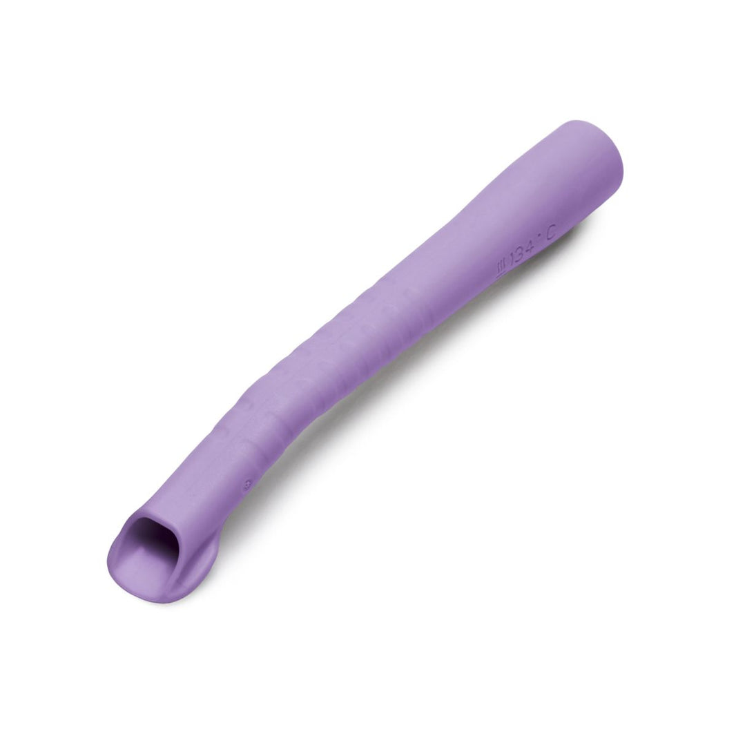 Lila Kinder-Absaugkanüle aus stabilem Kunststoff für die Zahnheilkunde.