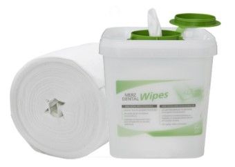 Merz Dental Wipes Spenderbox mit grünem Deckel und Tücherrolle.