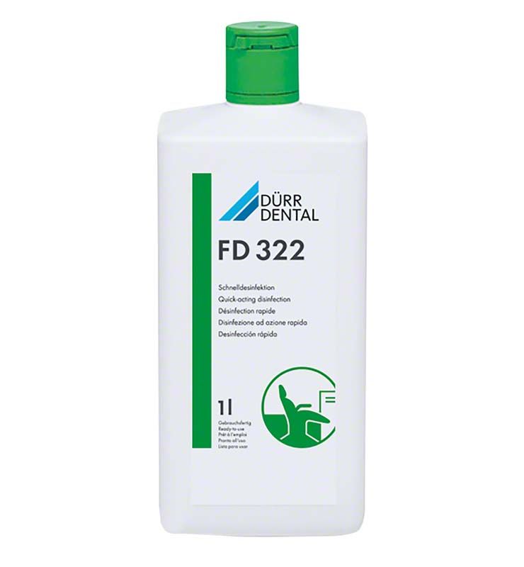 Weiße 1-Liter-Flasche FD 322 Schnell-Desinfektionsmittel von Dürr Dental.