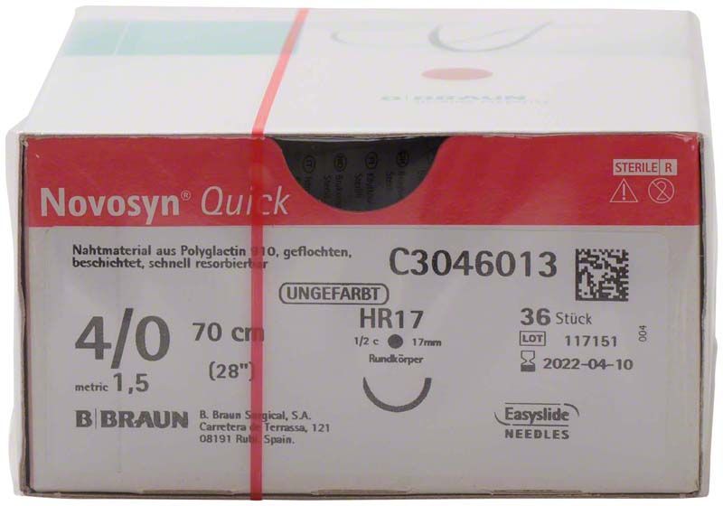 Novosyn® QUICK 4/0 HR17 Nahtmaterial in Originalverpackung mit Produktinformationen.