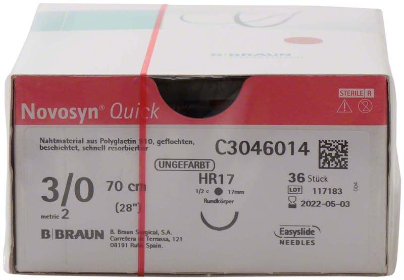 Novosyn® QUICK 3/0 HR17 chirurgisches Nahtmaterial in Originalverpackung.