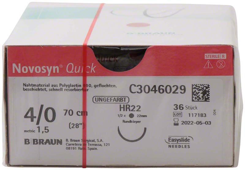 Novosyn® QUICK 4/0 HR22 Nahtmaterial-Verpackung mit Produktinformationen.