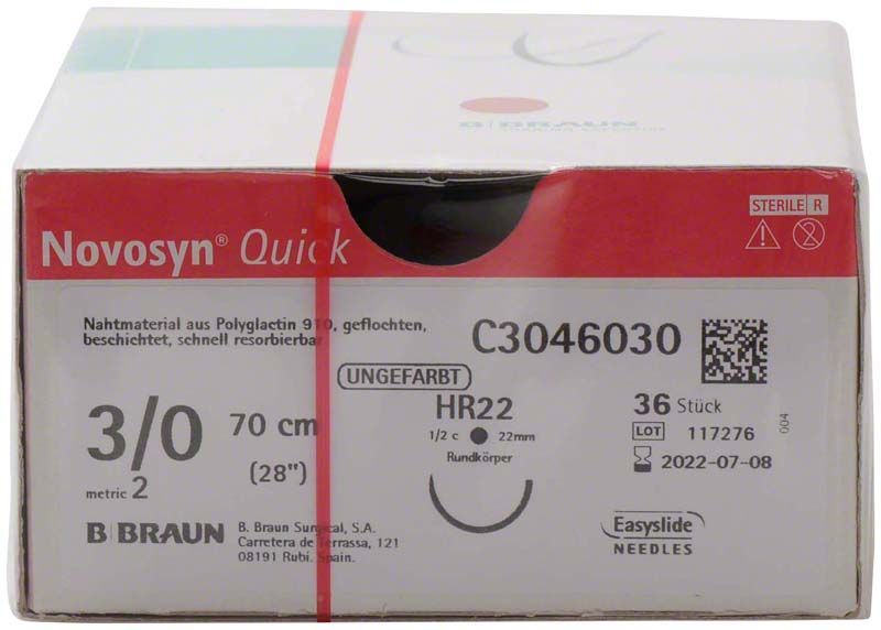 Verpackung des Novosyn® QUICK 3/0 HR22 Nahtmaterials mit Produktinformationen.