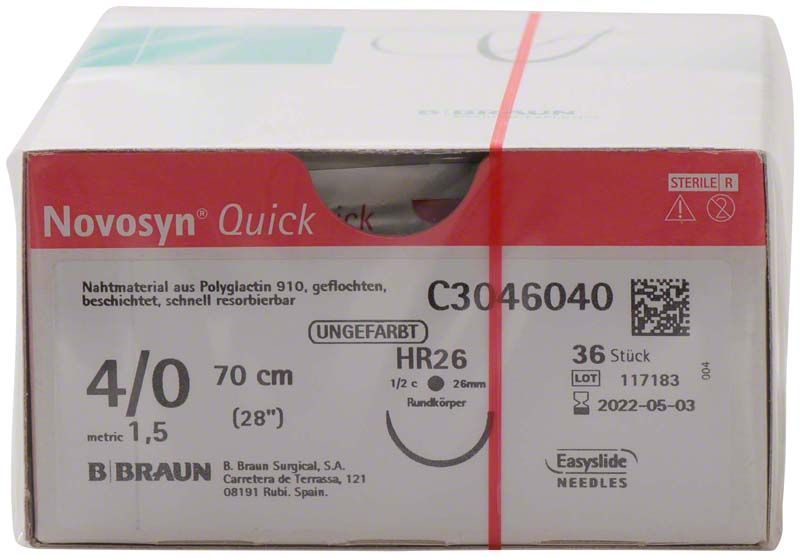 Novosyn® QUICK 4/0 chirurgisches Nahtmaterial 70 cm, Packung mit 36 Stück.