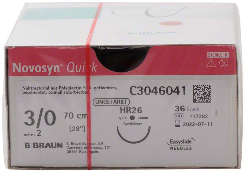 Novosyn® QUICK 3/0 HR26 Nahtmaterial-Verpackung mit 70 cm Länge und 36 Stück.