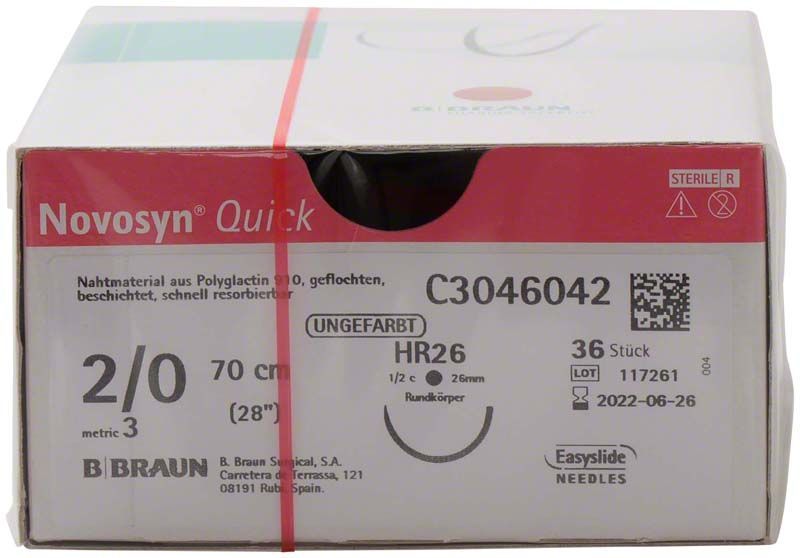 Novosyn® QUICK 2/0 HR26 chirurgisches Nahtmaterial, 70 cm, 36 Stück, in Verpackung.