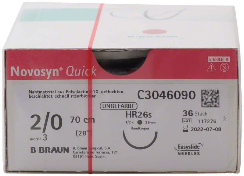 Novosyn® QUICK Nahtmaterial-Verpackung mit Größenangaben und Herstellerinformationen.