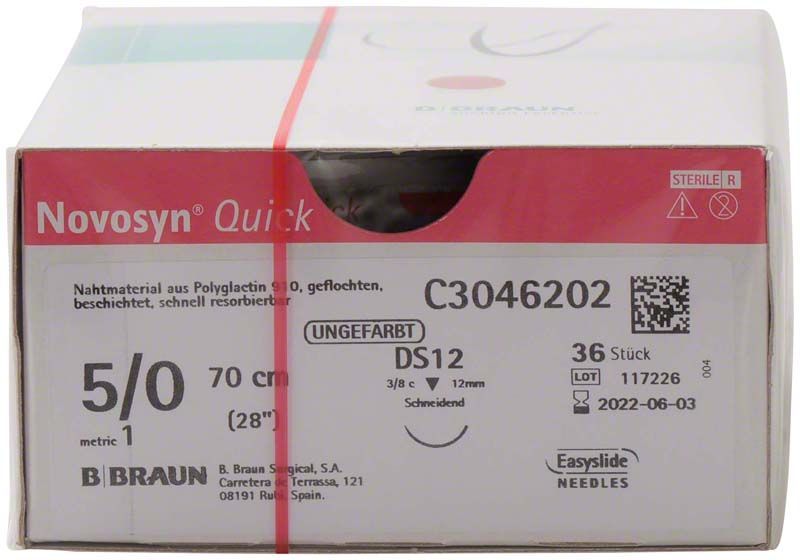 Novosyn® QUICK 5/0 DS12 chirurgisches Nahtmaterial, 70 cm, Verpackungsansicht.