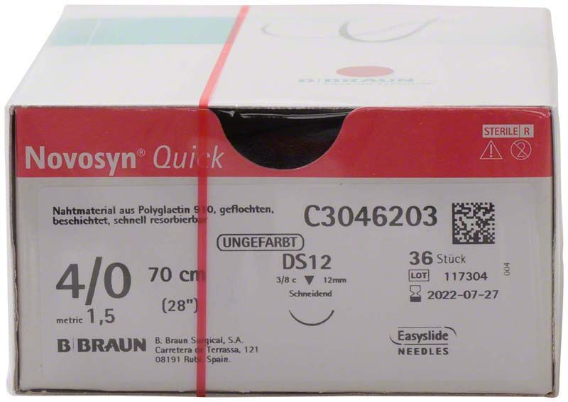 Verpackung von Novosyn® QUICK 4/0 DS12 chirurgischem Nahtmaterial, 70 cm Länge.