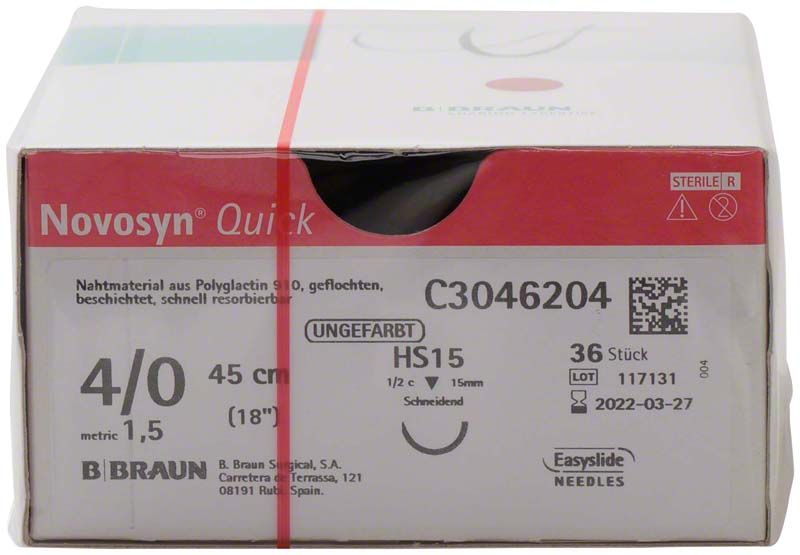 Novosyn® QUICK 4/0 HS15 chirurgisches Nahtmaterial in Originalverpackung.