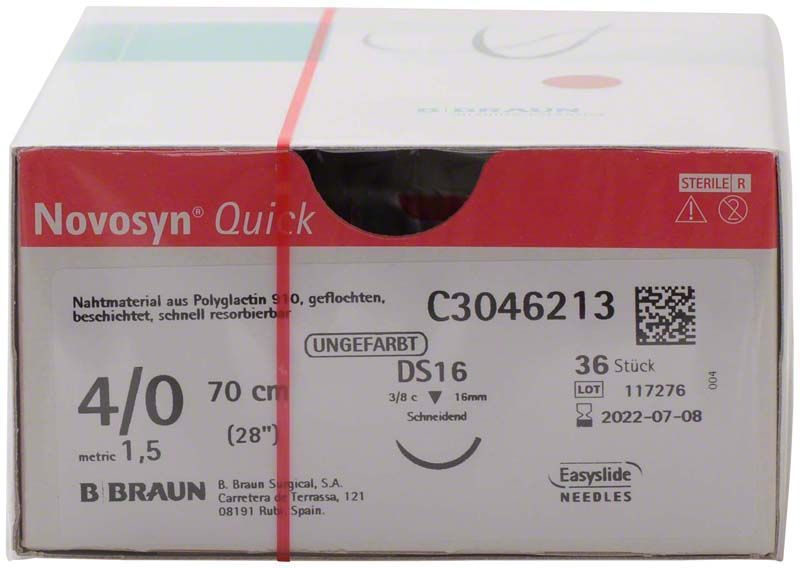 Novosyn® QUICK 4/0 DS16 chirurgisches Nahtmaterial, 70 cm, ungefarbt, 36 Stück.