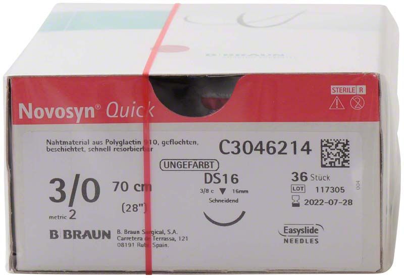 Verpackung von Novosyn® QUICK 3/0 DS16 chirurgischem Nahtmaterial, 70 cm, ungefarbt.