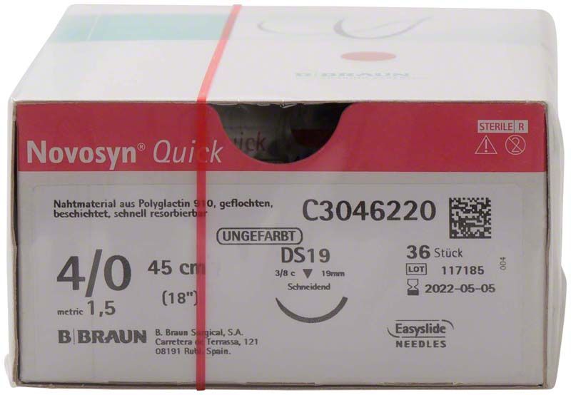 Novosyn® QUICK 4/0 DS19 chirurgisches Nahtmaterial, 45 cm, unsterile Verpackung.