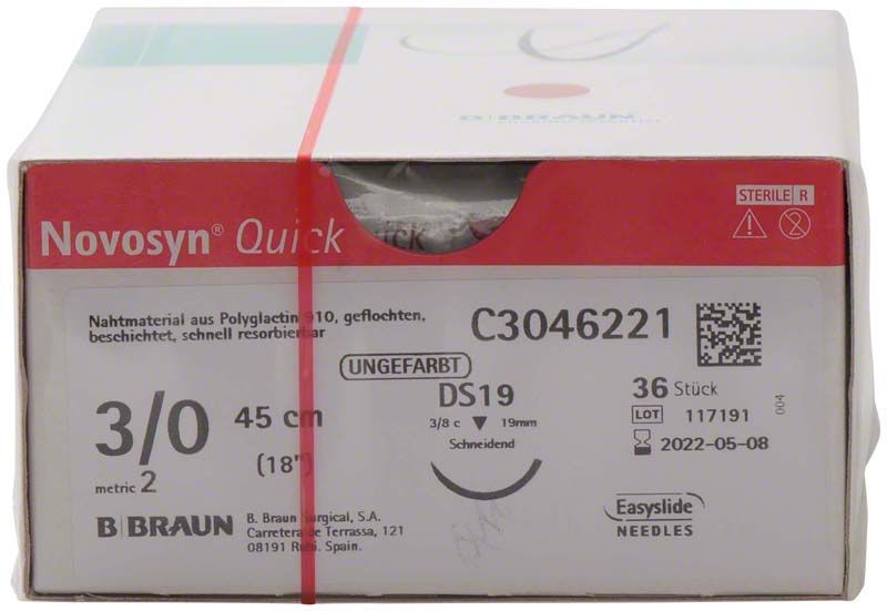 Novosyn® QUICK 3/0 DS19 Nahtmaterialverpackung mit Produktdetails und Logo.