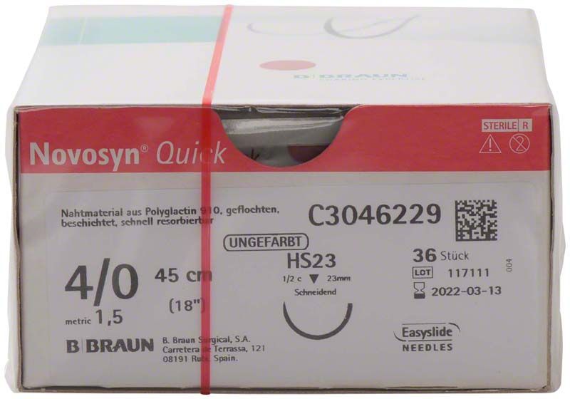 Novosyn® QUICK 4/0 HS23 chirurgisches Nahtmaterial, 45cm, 36 Stück, Verpackung.
