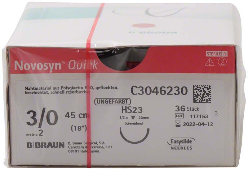 Verpackung von Novosyn® QUICK 3/0 HS23 chirurgischem Nahtmaterial, 45 cm, steril.