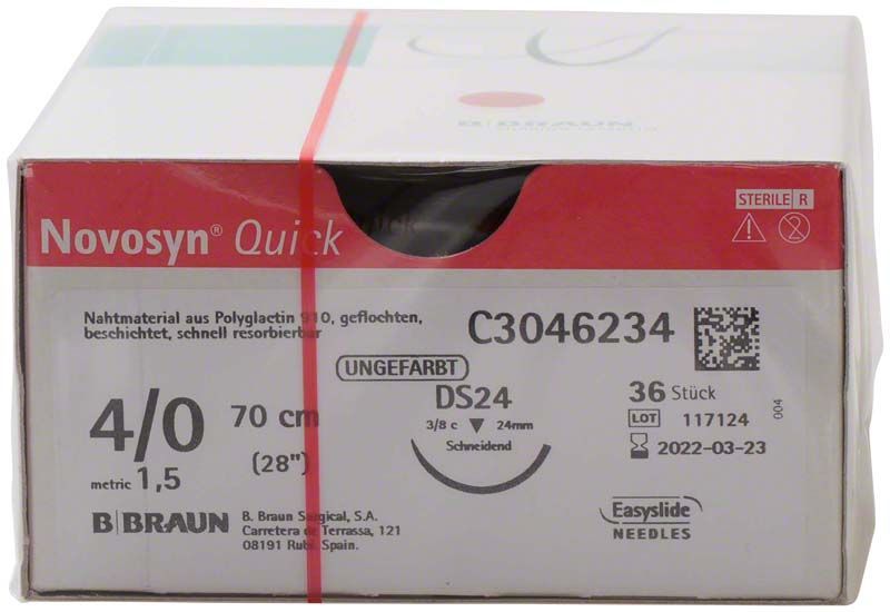 Novosyn® QUICK 4/0 DS24 Nahtmaterial, 70 cm, unsterile Verpackung.
