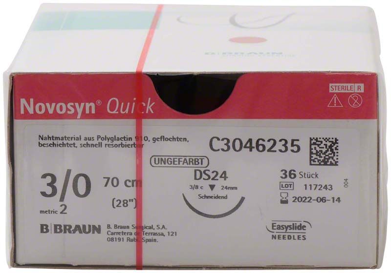 Nahtmaterial Novosyn® QUICK 3/0 DS24 in Originalverpackung mit Produktinformationen.