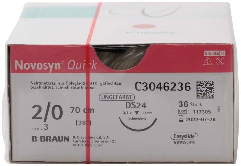 Novosyn® QUICK 2/0 DS24 Nahtmaterial-Verpackung mit Produktinformationen.