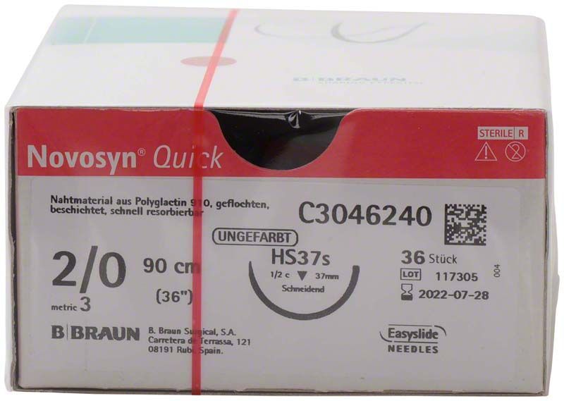 Novosyn® QUICK Nahtmaterial 2/0, 90 cm, auf Verpackung sichtbar.