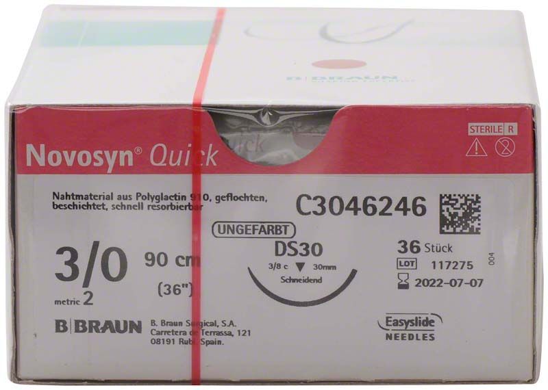 Novosyn® QUICK 3/0 DS30 Nahtmaterialverpackung, 90 cm Länge, 36 Stück.