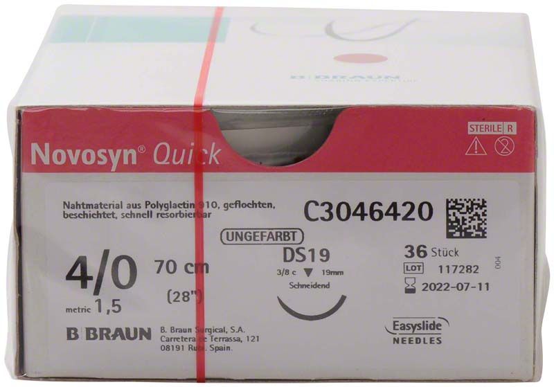 Novosyn® QUICK 4/0 DS19 Nahtmaterialschachtel mit Produktinformationen und Logo.